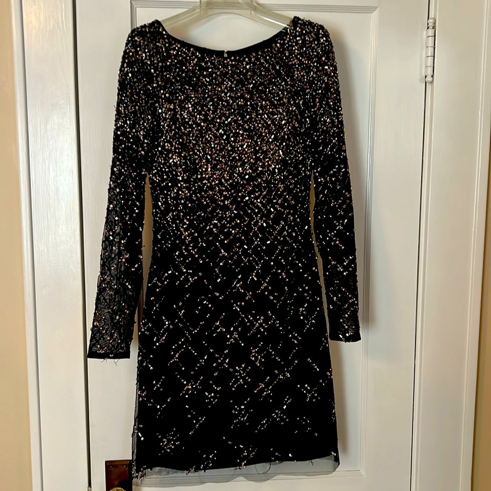 Aidan Mattox Long Sleeve Beaded Sequined Cocktail Dress